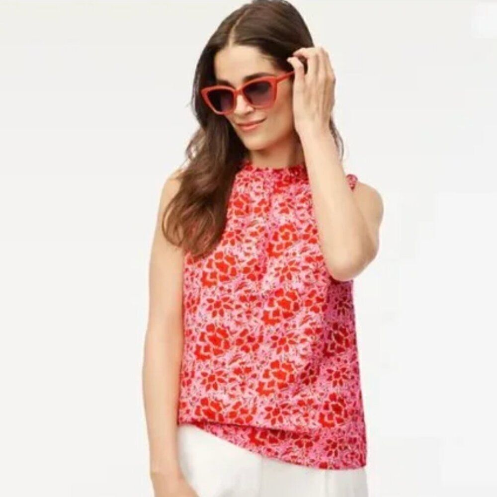 J. Crew Factory CA113 Printed linen-blend ruffleneck top Pink Red floral NWT